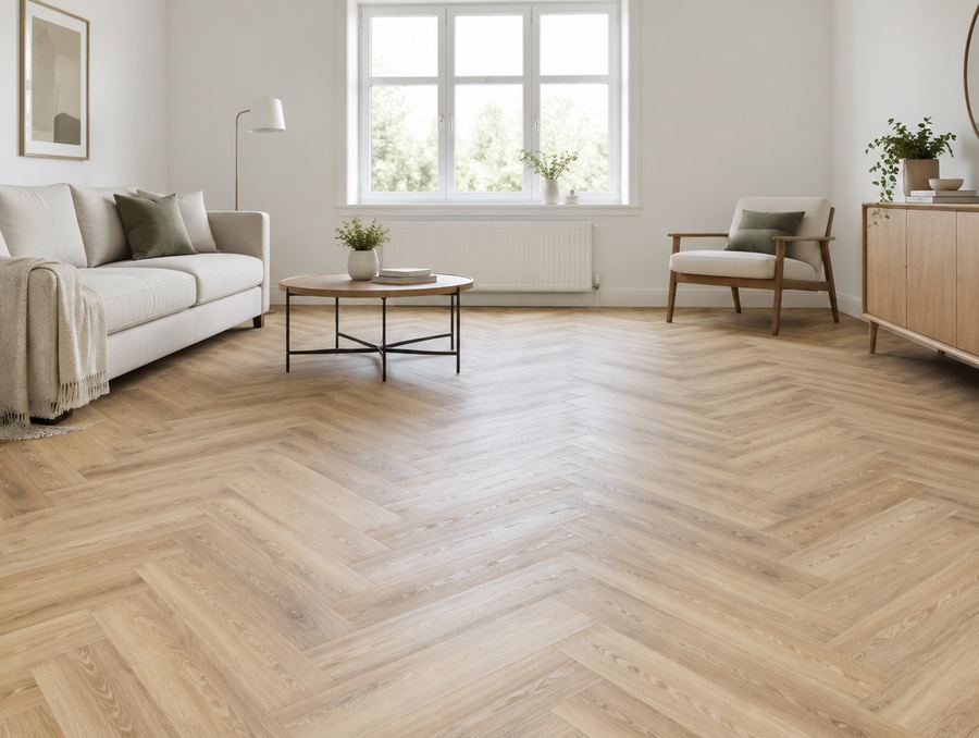 Afgewerkte houtlook vloer in een lichte woonkamer